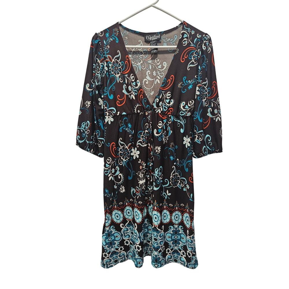 Y2K Boho Floral Empire Waist Dress Brown Teal Whimsygoth Mini S Hypnotized